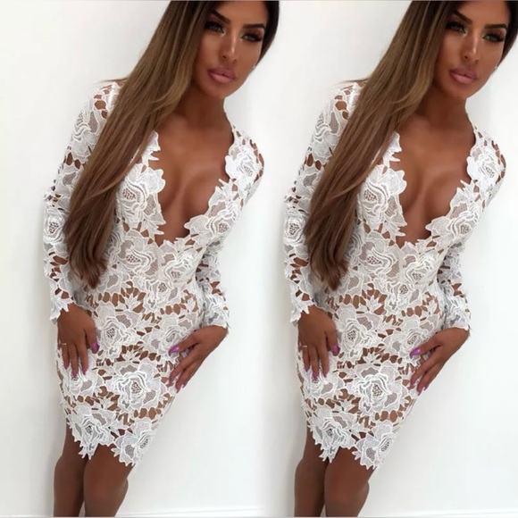 Ivory White Deep V Lace Bodycon Dress - Picture 6 of 13